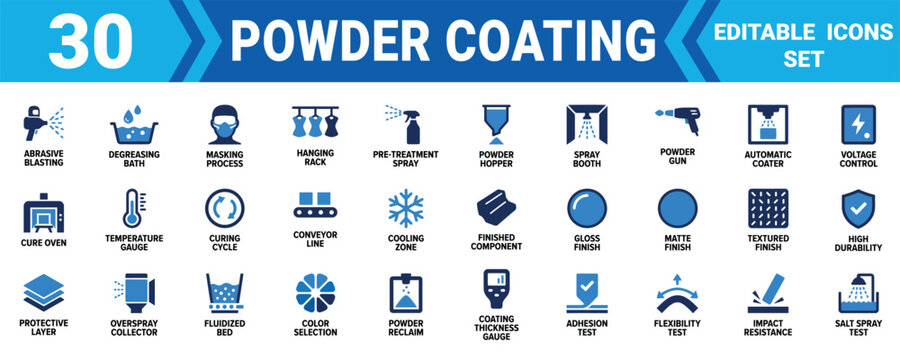 Set of 30 powder coating industrial process icons representing manufacturing technology and finish steps Minimal solid fill icon set bundle collection. Editable Vector Illustration Mega pack