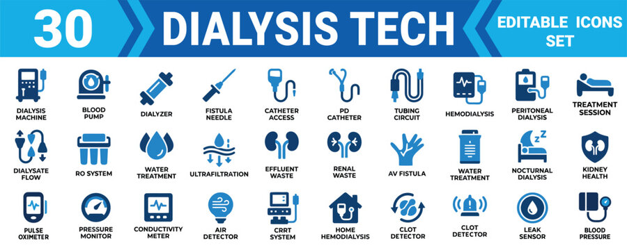 Set of 30 medical dialysis technology icons for kidney treatment hospital equipment and health care Minimal solid fill icon set bundle collection. Editable Vector Illustration Mega pack