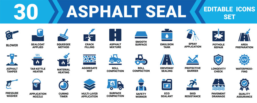 Set of 30 asphalt seal and road maintenance vector icons for paving construction and repair services Minimal solid fill icon set bundle collection. Editable Vector Illustration Mega pack