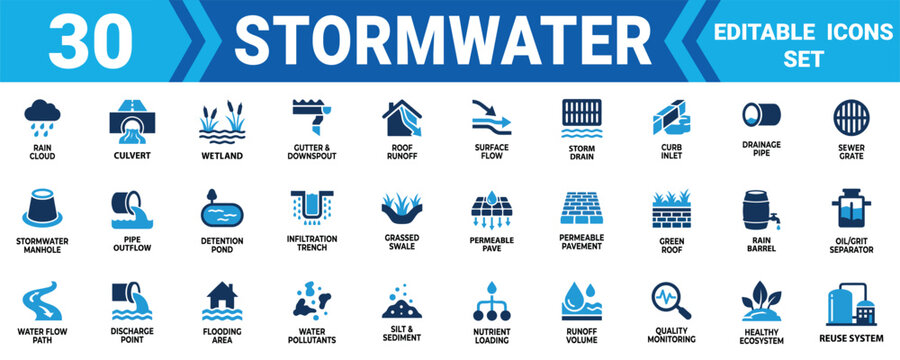 Set of 30 stormwater drainage and water management icons for urban infrastructure and environmental design Minimal solid fill icon set bundle collection. Editable Vector Illustration Mega pack