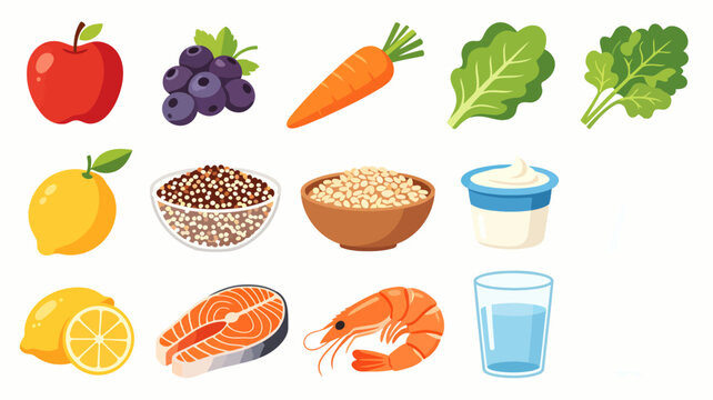 Healthy food group vector set containing organic fruits, vegetables, salmon fish, grains, shrimp, dairy, juice, and pure water.
