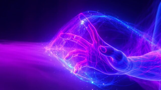 Neon cybernetic hand interacting with digital energy particles and abstract light streams