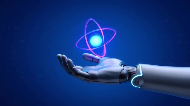 Robotic hand holding glowing digital atom model: futuristic science and technology concept