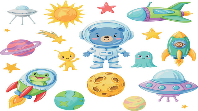 Cute Animal Astronauts and Space Elements Vector Icon Set for Children Room Decor, Kids Birthday Invitations, School Educational Graphics, and Cartoon Book Layouts