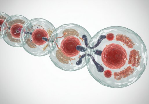 Cellular division process showing chromosomes separating and cells dividing