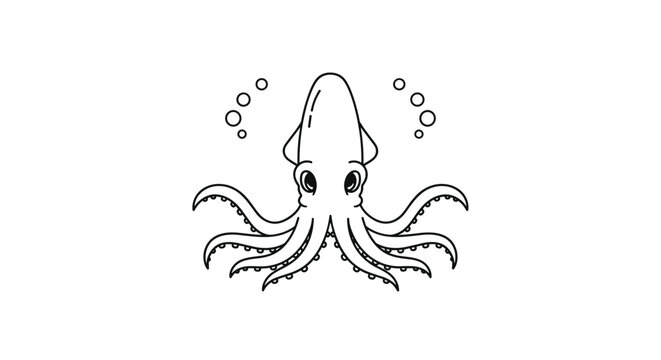 Whimsical black and white line art vector illustration of a friendly cartoon squid surrounded by rising sea bubbles.