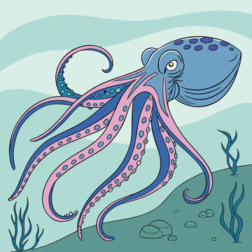 Colorful octopus illustration with eight tentacles underwater, illustration