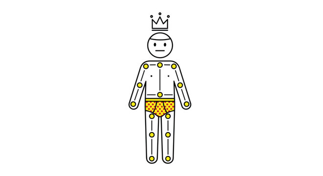 Motion capture skeletal stick figure wearing a golden crown with yellow joints tracked for digital animation.