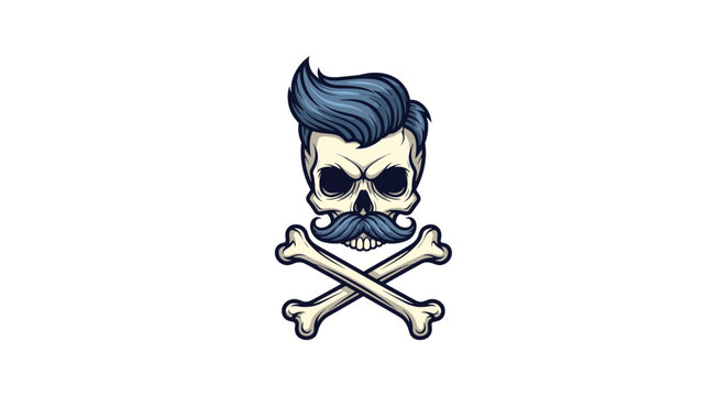 Creative hipster skull design with a stylish blue pompadour haircut and mustache positioned over crossed bones.