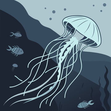 Jellyfish swimming in the deep ocean with small fish around deep sea deep water
