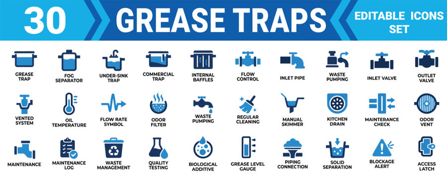 Set of 30 professional grease trap icons representing kitchen maintenance and wastewater management Minimal solid fill icon set bundle collection. Editable Vector Illustration Mega pack