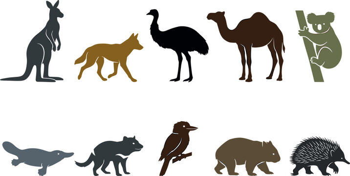 Australian Wildlife Vector Silhouette Set Featuring Kangaroo, Koala, Emu, Wombat, Platypus, Echidna, Dingo, and Tasmanian Devil for Nature Design Projects