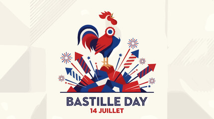 Fototapeta premium Triumphant Rooster Illustration with Fireworks and Geometric Shapes, Celebrating Bastille Day on July 14th, French Tricolor Colors, Flat Design Graphic