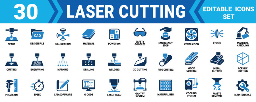 Set of 30 laser cutting and engraving machine icons for industrial manufacturing and design process Minimal solid fill icon set bundle collection. Editable Vector Illustration Mega pack