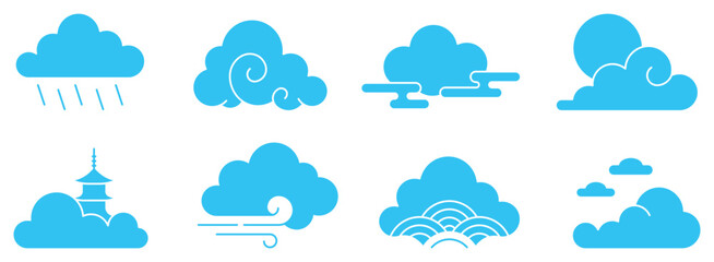 Obraz premium Japanese cloud solid set skyblue icon collection, traditional asian style oriental patterns, weather elements with rain wind sun pagoda silhouette decorative graphic design vector illustration.