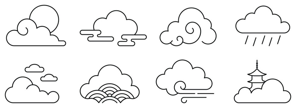 Japanese cloud outline set, traditional asian weather icons, oriental line art clouds with sun rain wind, minimalist decorative stamps. Vector illustration.