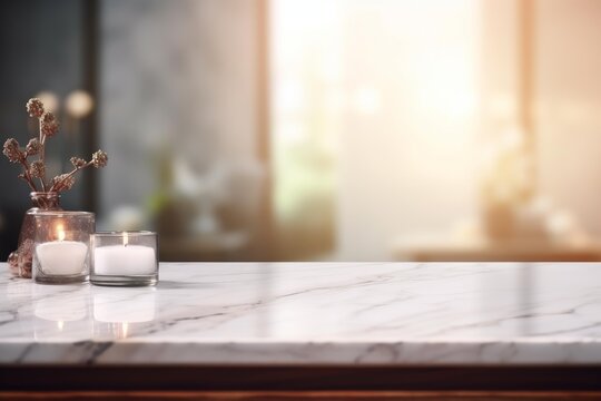 White marble table showing lit candles and a decorative plant against a blurred background