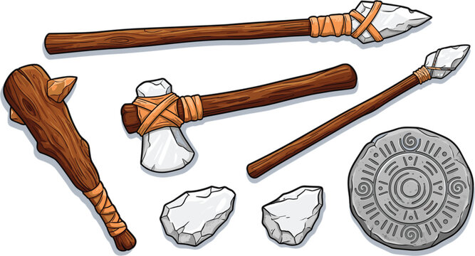 Prehistoric stone age weapons and tools set primitive caveman spear axe club wheel vector illustration isolated on white background