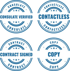 Fototapeta premium Group of four blue round rubber stamps showing administrative terms like consulate contactless contract and copy