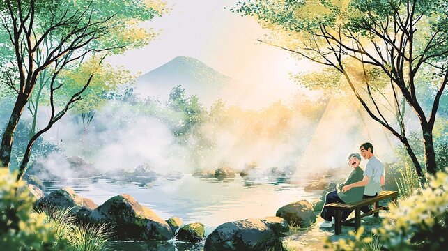 富士を望む湯けむりの森で笑顔あふれる森林浴介護