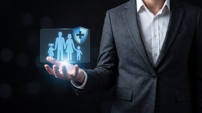 Professional holding a digital family health insurance icon in a dark business environment