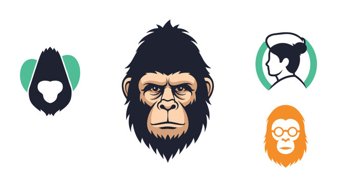 Collection of stylized monkey and gorilla head icons depicting different species like chimpanzee and orangutan in cartoon style.