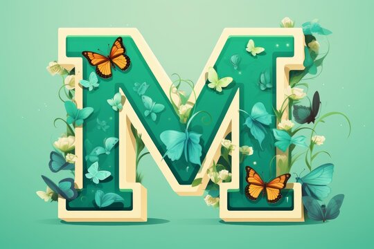 Green letter m decorated with various blue, green, and orange butterflies amidst foliage and flowers