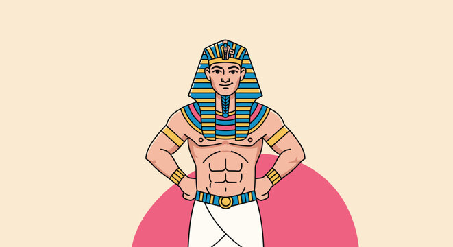 Strong Egyptian pharaoh with a muscular physique standing confidently with hands on hips wearing a traditional striped nemes headdress.