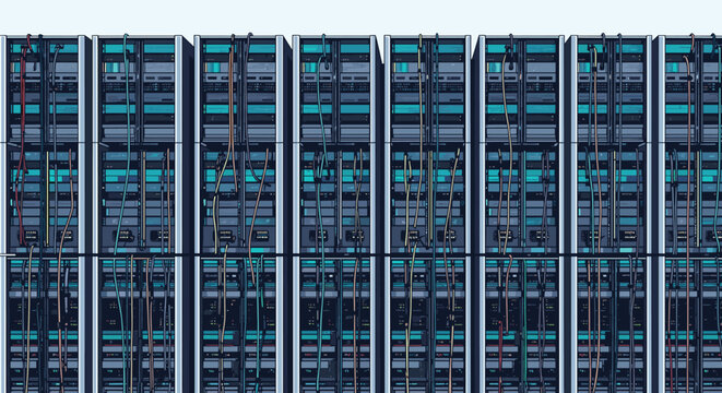 Modern data center interior showing neat vertical rows of high tech computer server racks with colored connection cables.