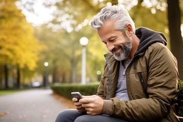 Fototapeta premium Mature man connecting with technology outdoors, enjoying leisure time