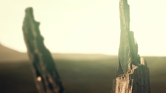 Two wooden sticks rise from the ground as warm light fills the sky in the background. The setting shows a vast, empty landscape with a hint of mountains.