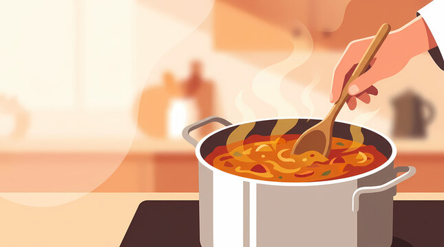 Chef stirring a hot steaming soup in a pot on a kitchen stove vector illustration