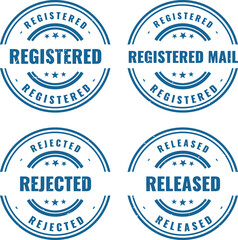 Obraz premium Professional blue circular rubber stamp collection featuring registered mail and rejected or released status indicators