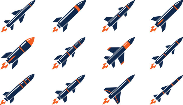 Rocket Ship Icons Set with Blue Bodies, Orange Accents and Orange Flame Tails for Fast Technology Concept