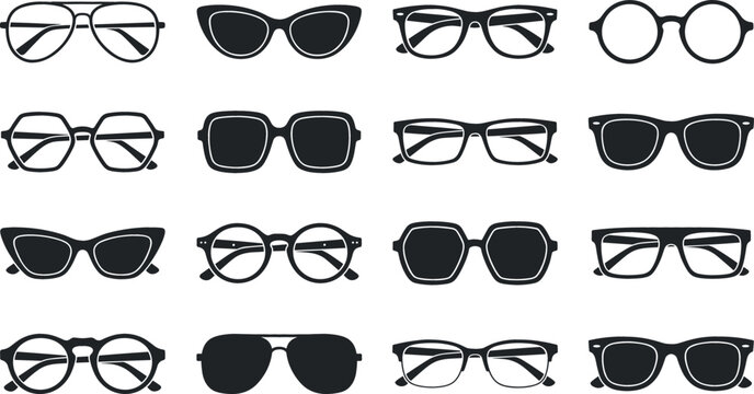 Sunglasses Icon Set with Black and White Stripe Lenses in Multiple Frames for Fashion and Accessory Design
