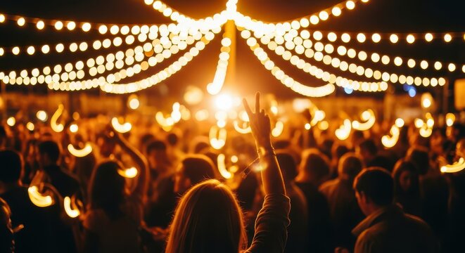 Crowd of People Celebrating at Outdoor Night Music Festival with String Lights and Peace Sign