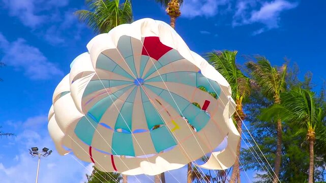 Tourism people on parasailing parachute sport activity Patong Phuket Thailand.