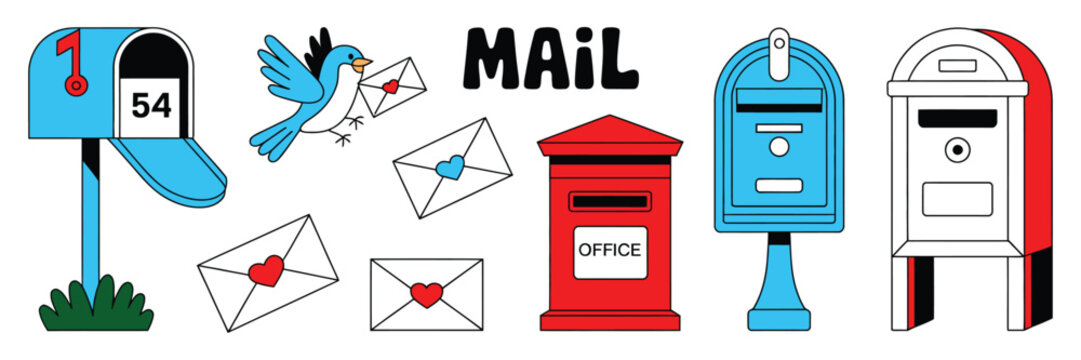 Mailbox postal letterbox vector illustration showing modern hand drawn mailboxes, envelopes, postcards, messenger pigeon, and delivery communication symbols.