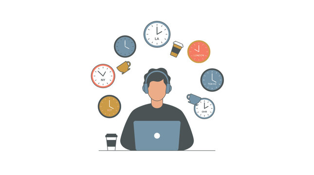 Person working on laptop with multiple global time zone clocks and