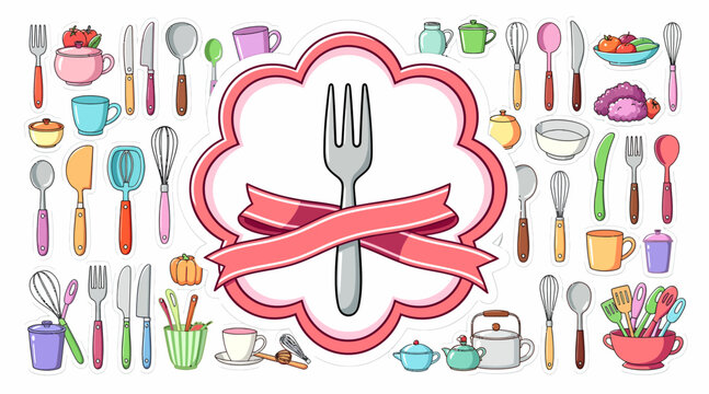 Colorful kitchen utensils and cutlery illustration