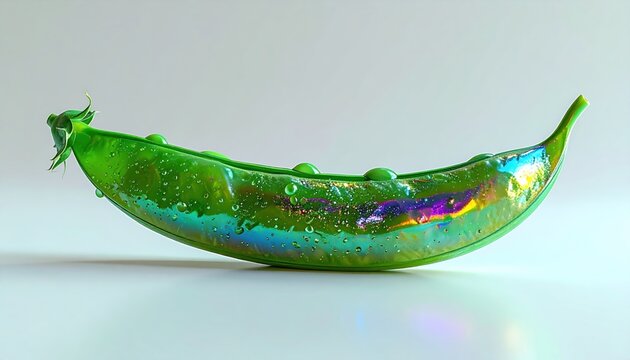A luminous, iridescent snow pea pod with water droplets sits horizontally against a pale background