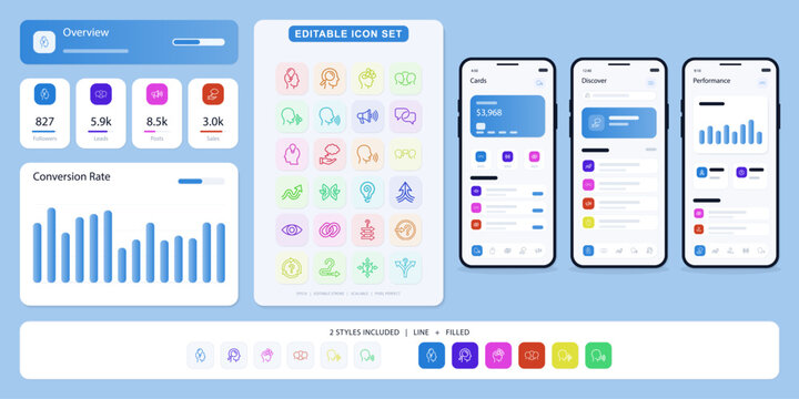 Communication, User Experience and Human Interaction Editable Line and Filled Vector Icon Set