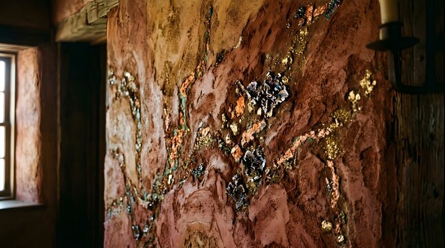 Decorative Wall with Gold and Silver Leaf Accents in Rustic Interior