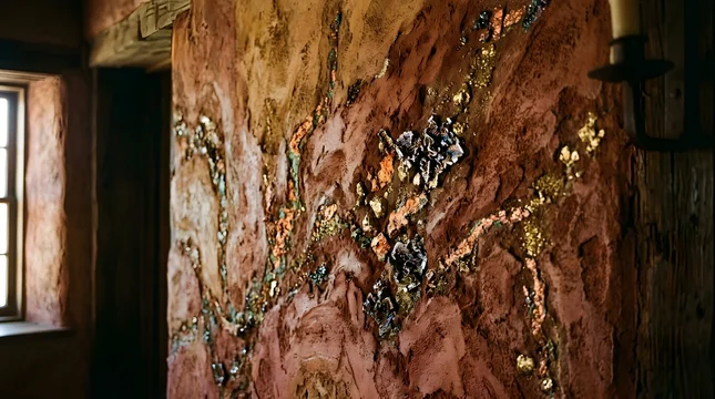 Decorative Wall with Gold and Silver Leaf Accents in Rustic Interior