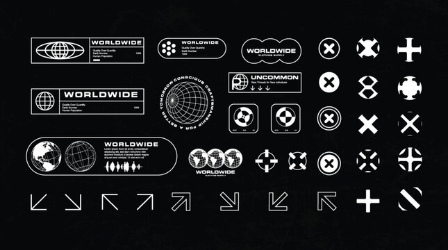 Futuristic globe and streetwear graphic elements set. Brutalist vector illustration of industrial typography labels, abstract icons, world map symbols and navigation arrows on black background.