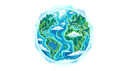Fototapeta premium Vibrant Cartoon Earth with Lush Green Forests and Flowing Blue Rivers.