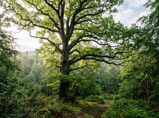 Fototapeta premium Towering ancient oak tree standing alone in lush green untouched woodland during golden hour