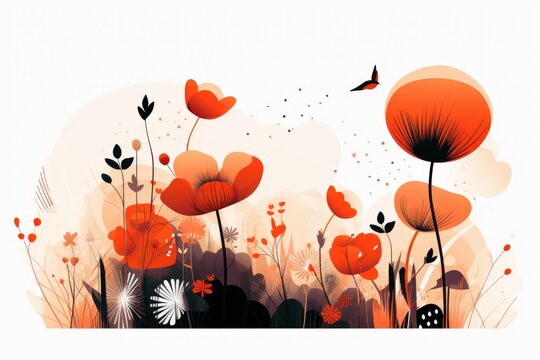 Abstract orange poppies and wild plants growing in a vibrant, artistic meadow with a flying bird