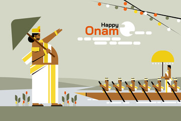 Happy Onam vector illustration featuring King Mahabali welcoming a traditional Kerala snake boat race on the backwaters, celebrating the harvest festival and rich cultural heritage of Kerala, India © AJay