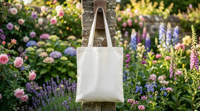 White canvas tote bag hanging on a stone post in a colorful garden